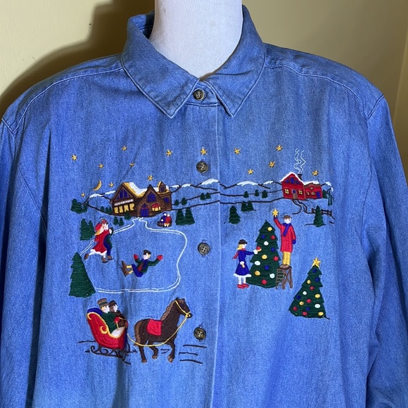 KAREN SCOTT sz 2X Denim Shirt Embroidered Christmas Holiday Cotton Kitsch Winter - Picture 6 of 16